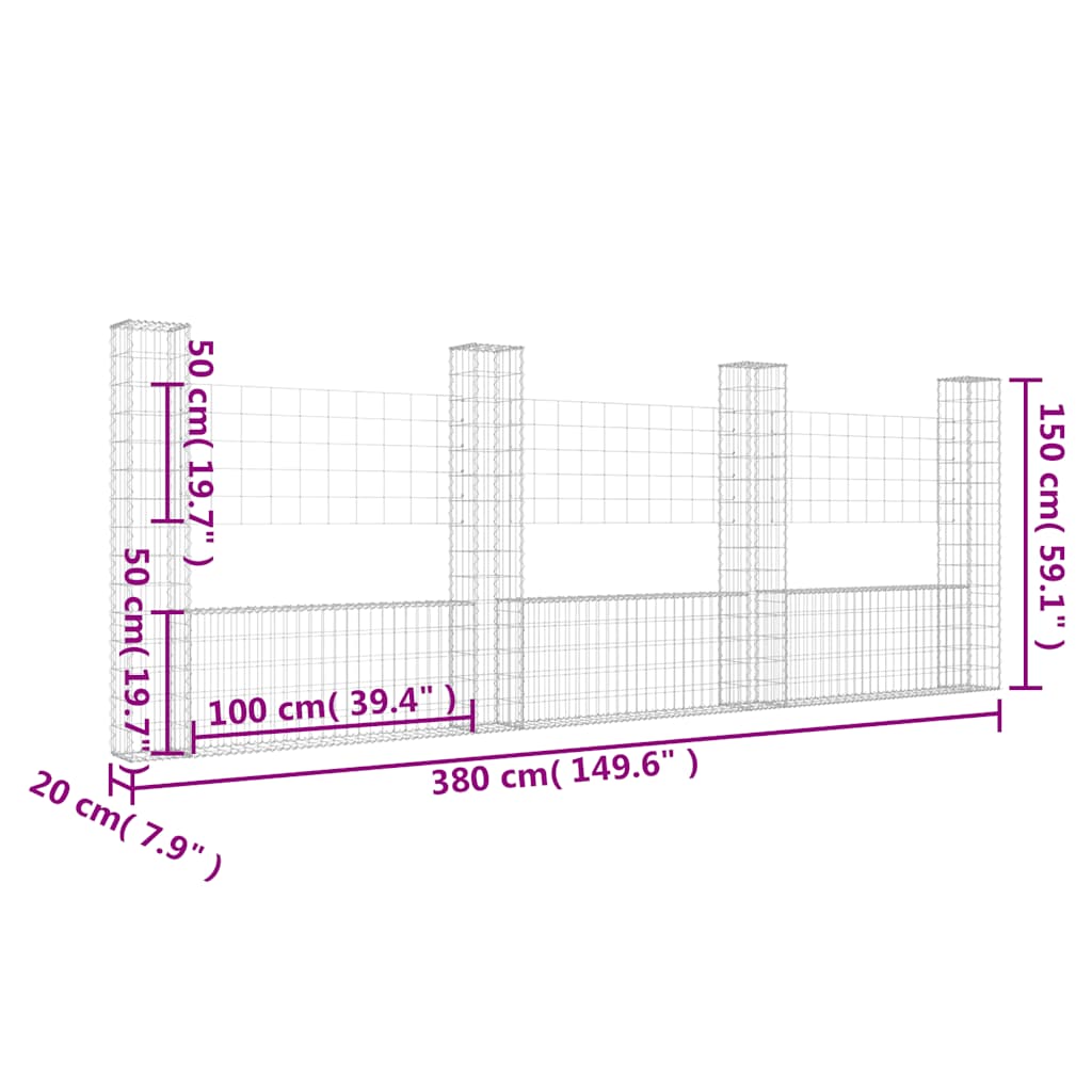 U-shape Gabion Basket with 4 Posts Iron 380x20x150 cm