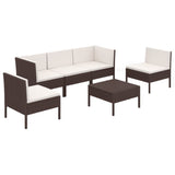 6 Piece Garden Lounge Set with Cushions Poly Rattan Brown - Front View