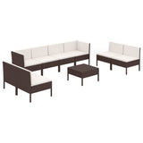 9 Piece Garden Lounge Set with Cushions Poly Rattan Brown - Front View