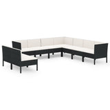 9 Piece Garden Lounge Set with Cushions Poly Rattan Black - Front View