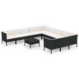 12 Piece Garden Lounge Set with Cushions Poly Rattan Black - Front View