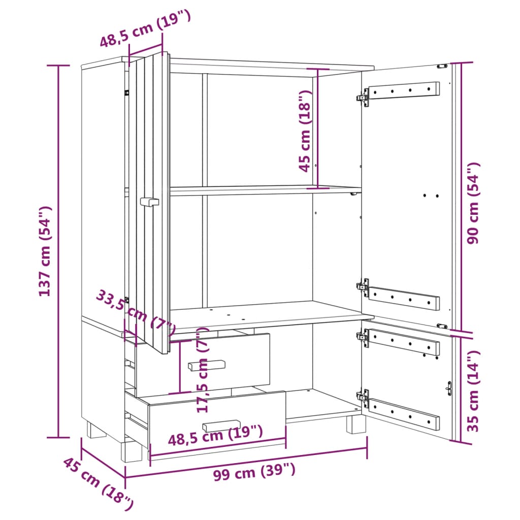 Wardrobe "HAMAR" White 99x45x137 cm Solid Wood Pine