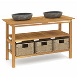 Bathroom Vanity Cabinet with River Stone Sinks Solid Wood Teak - Front View