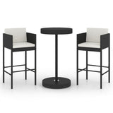 3 Piece Garden Bar Set with Cushions Poly Rattan Black - Front View