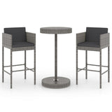 3 Piece Garden Bar Set with Cushions Poly Rattan Grey - Front View