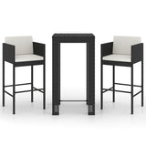 3 Piece Garden Bar Set with Cushions Poly Rattan Black - Front View