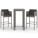 3 Piece Garden Bar Set with Cushions Poly Rattan Grey - Front View