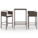 3 Piece Garden Bar Set with Cushions Poly Rattan Brown - Front View