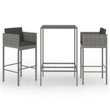3 Piece Garden Bar Set with Cushions Poly Rattan Grey - Front View