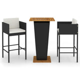 3 Piece Garden Bar Set with Cushions Poly Rattan Black - Front View