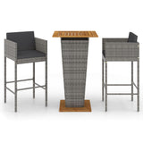 3 Piece Garden Bar Set with Cushions Poly Rattan Grey - Front View