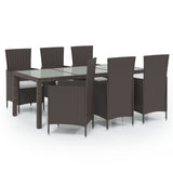 7 Piece Outdoor Dining Set with Cushions Poly Rattan Brown - Front View