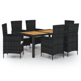 7 Piece Outdoor Dining Set with Cushions Poly Rattan Black - Front View