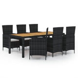 7 Piece Outdoor Dining Set with Cushions Poly Rattan Black - Front View