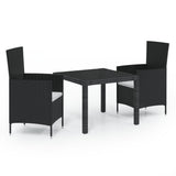 3 Piece Outdoor Dining Set with Cushions Poly Rattan Black - Front View