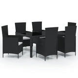 7 Piece Outdoor Dining Set with Cushions Poly Rattan Black - Front View