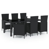 7 Piece Outdoor Dining Set with Cushions Poly Rattan Black - Front View
