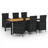 7 Piece Outdoor Dining Set with Cushions Poly Rattan Black - Front View