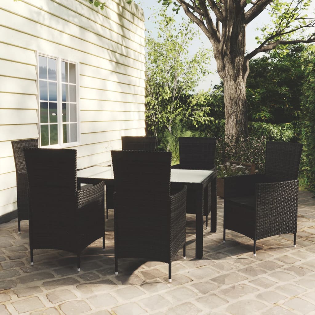 7 Piece Outdoor Dining Set with Cushions Poly Rattan Black