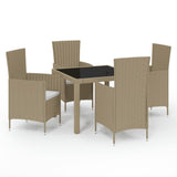 5 Piece Outdoor Dining Set with Cushions Poly Rattan Beige - Front View