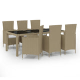 7 Piece Outdoor Dining Set with Cushions Poly Rattan Beige - Front View