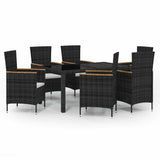 7 Piece Outdoor Dining Set with Cushions Poly Rattan Black - Front View