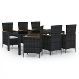 7 Piece Outdoor Dining Set with Cushions Poly Rattan Black - Front View