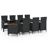 9 Piece Outdoor Dining Set with Cushions Poly Rattan Black - Front View