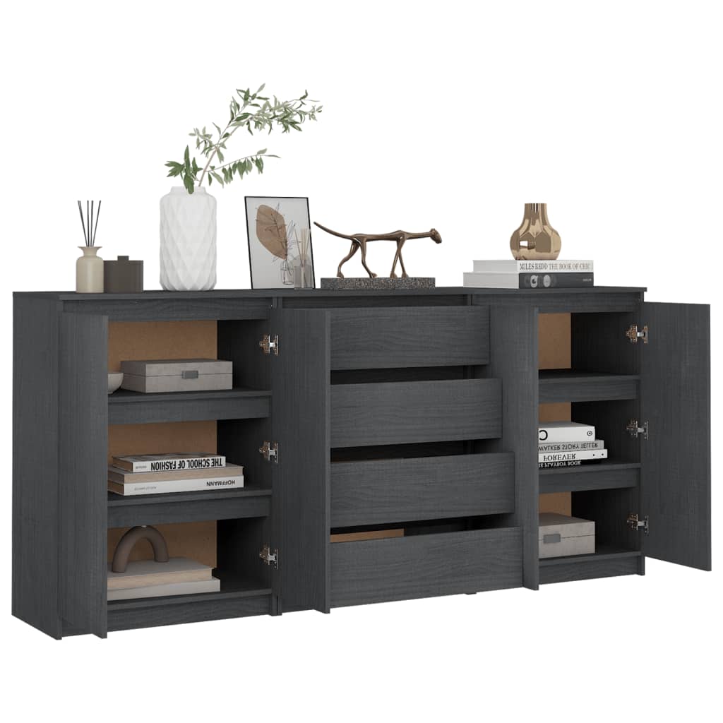 Side Cabinets 3 pcs Grey Solid Pinewood