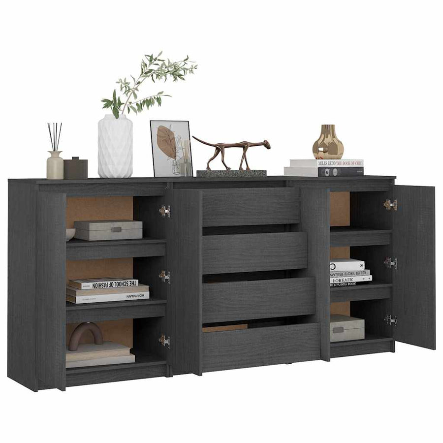 Side Cabinets 3 pcs Grey Solid Wood Pine