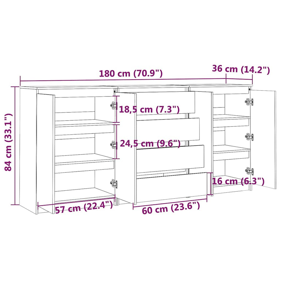 Side Cabinets 3 pcs Grey Solid Wood Pine