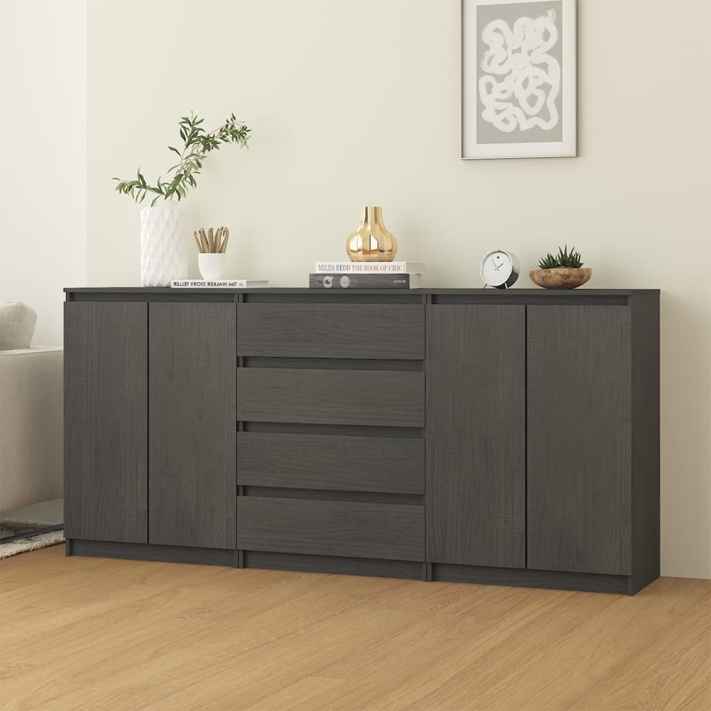 Side Cabinets 3 pcs Grey Solid Pinewood