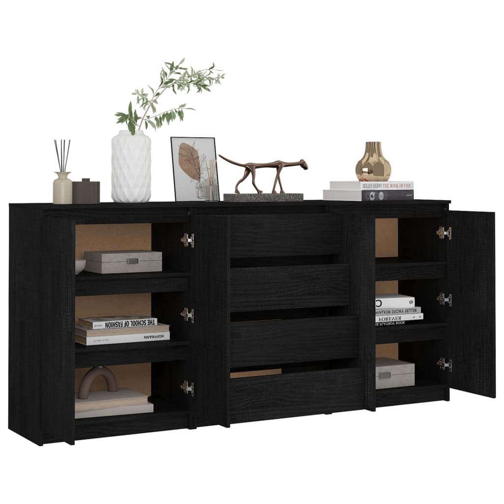 Side Cabinets 3 pcs Black Solid Pinewood