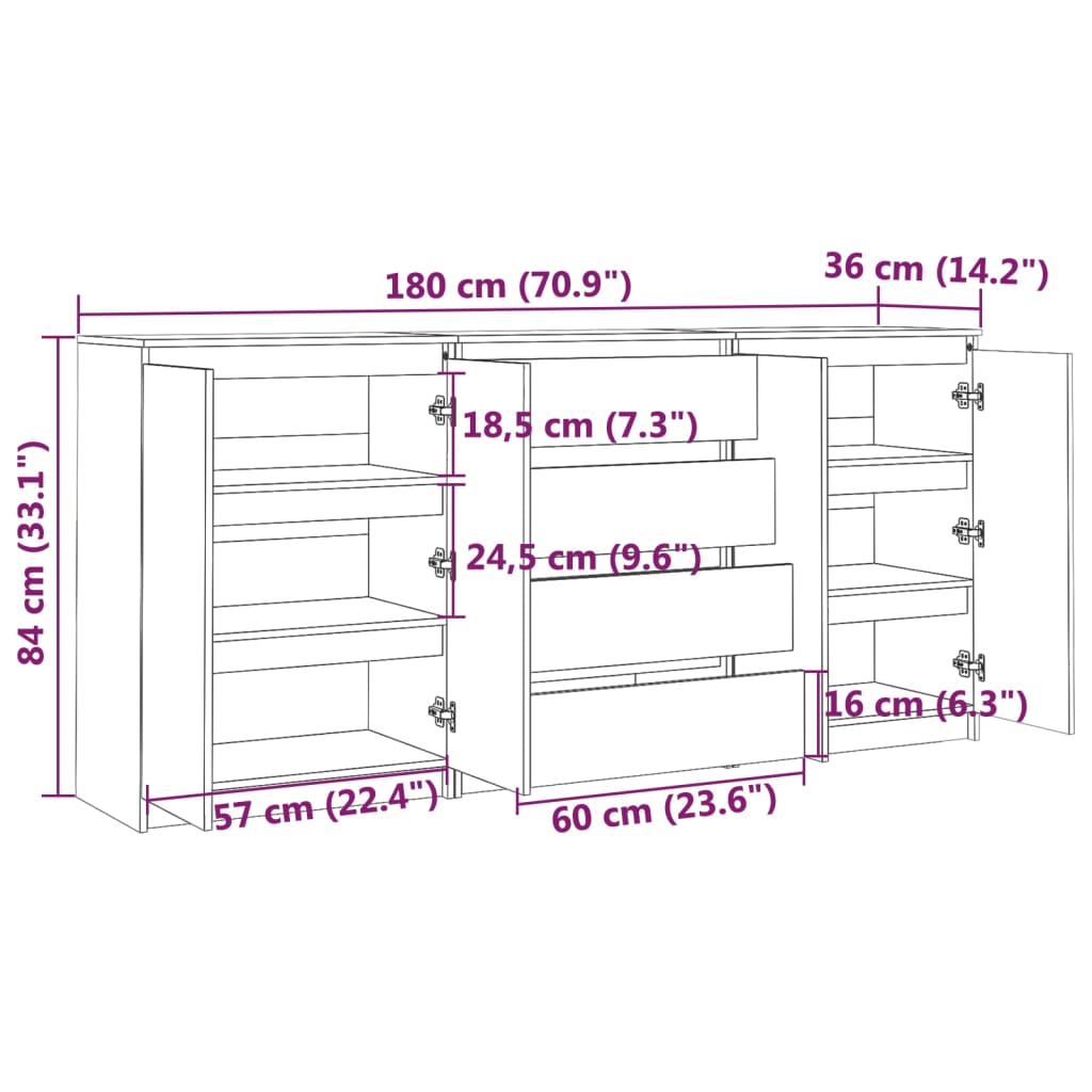 Side Cabinets 3 pcs Black Solid Pinewood