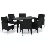 7 Piece Garden Dining Set with Cushions Poly Rattan Black - Front View