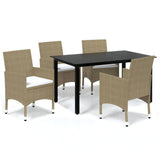 5 Piece Garden Dining Set with Cushions Poly Rattan Beige - Front View