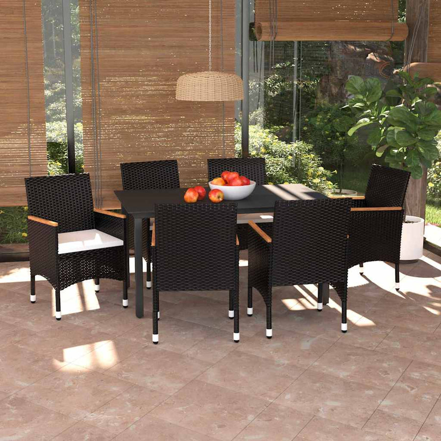 7 Piece Garden Dining Set with Cushions Poly Rattan Black