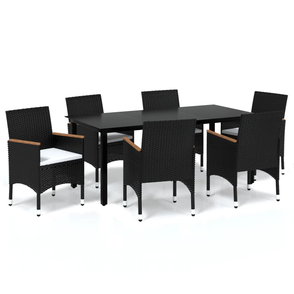 7 Piece Garden Dining Set with Cushions Poly Rattan Black