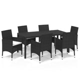 7 Piece Garden Dining Set with Cushions Poly Rattan Black - Front View