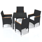 5 Piece Garden Dining Set with Cushions Poly Rattan Black - Front View