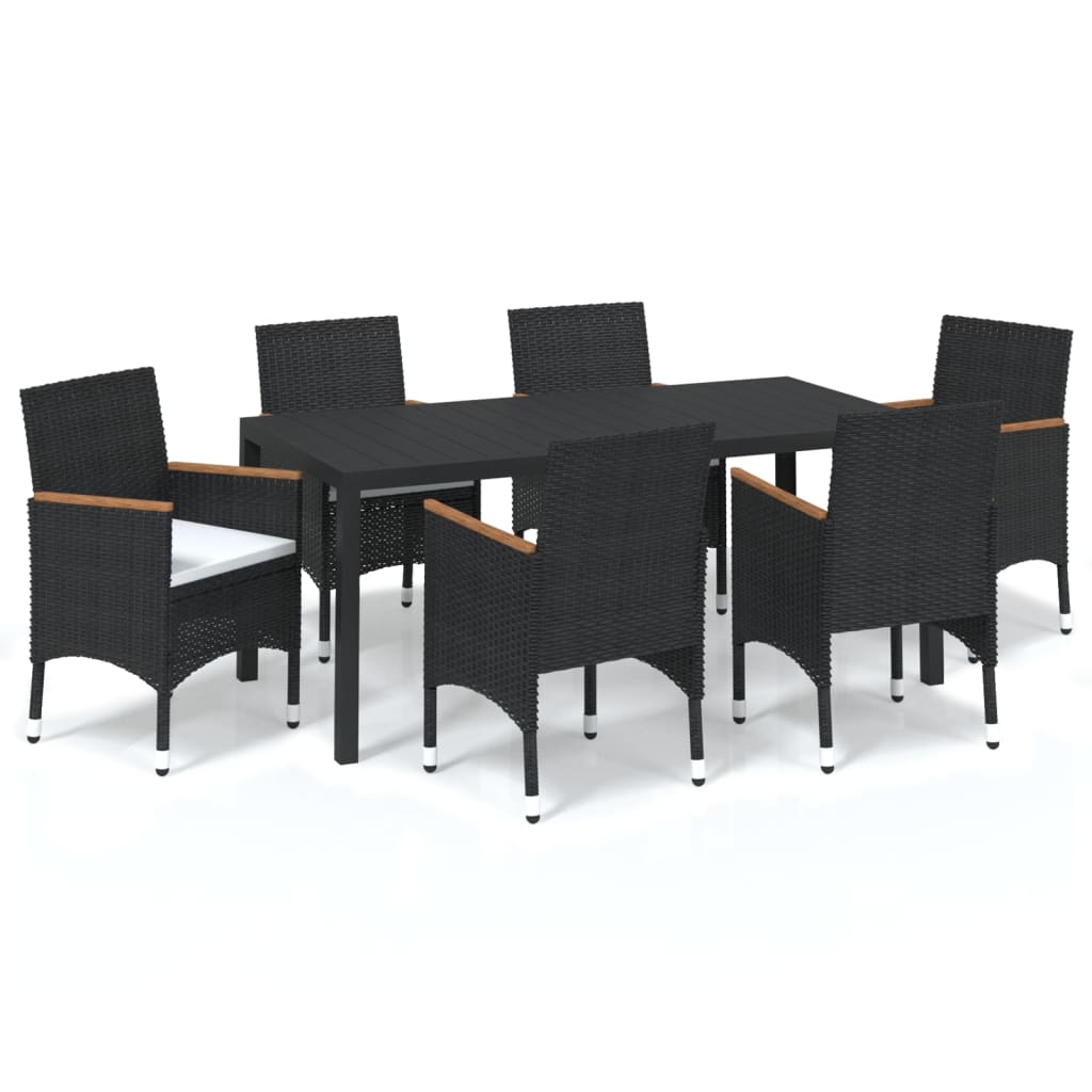 7 Piece Garden Dining Set with Cushions Poly Rattan Black