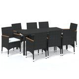 9 Piece Garden Dining Set with Cushions Poly Rattan Black - Front View