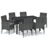 7 Piece Garden Dining Set with Cushions Poly Rattan Grey - Front View