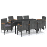 9 Piece Garden Dining Set with Cushions Poly Rattan Grey - Front View