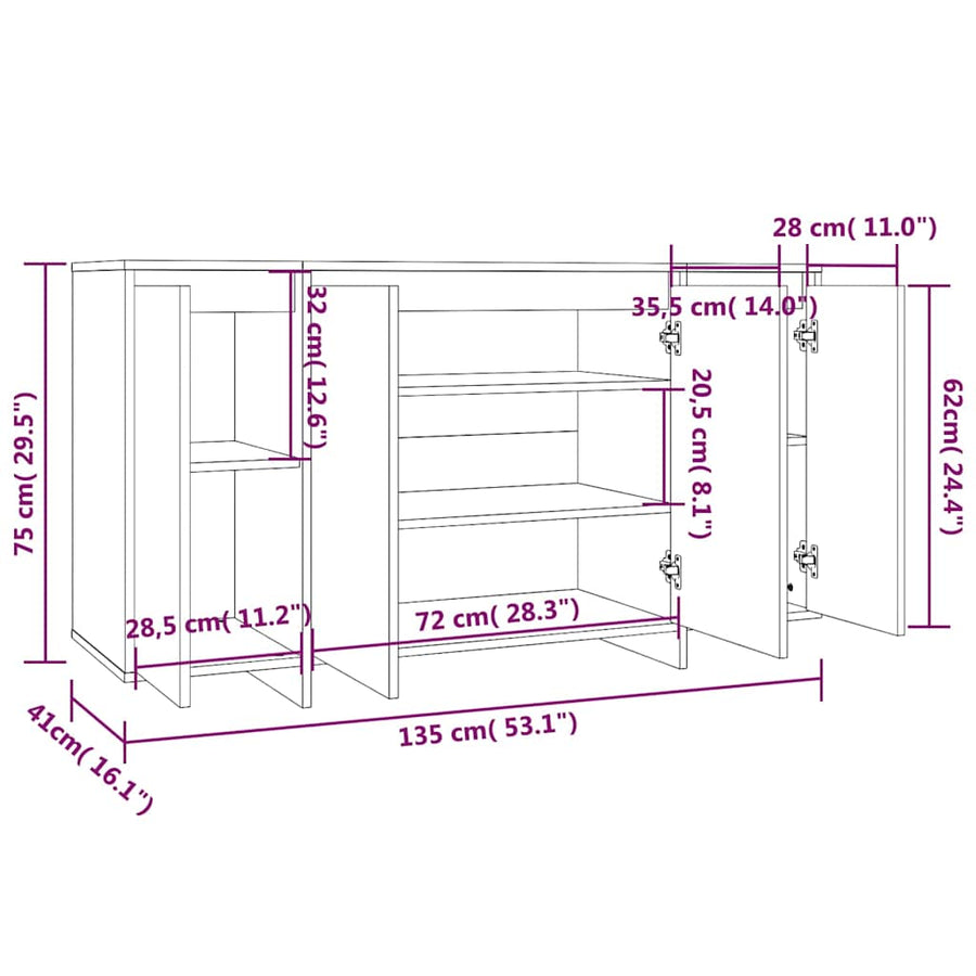 Sideboard High Gloss White 135x41x75 cm Engineered Wood