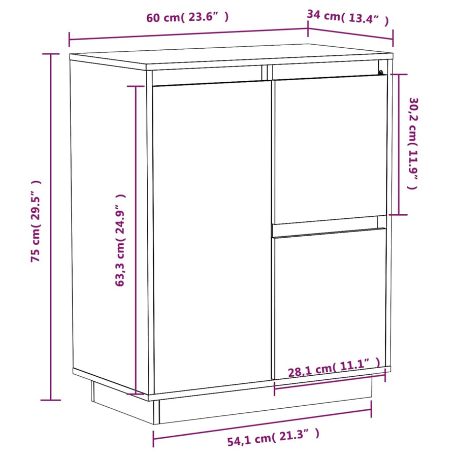 Sideboard White 60x34x75 cm Solid Wood Pine