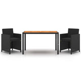 3 Piece Garden Dining Set with Cushions Poly Rattan Black - Front View