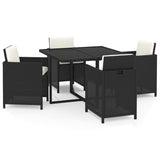 5 Piece Garden Dining Set with Cushions Poly Rattan Black - Front View