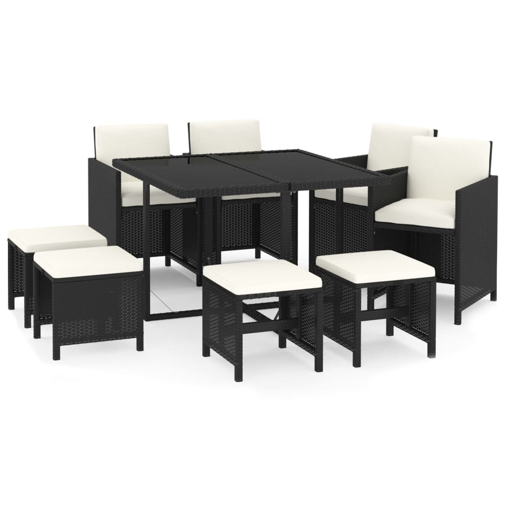 9 Piece Garden Dining Set with Cushions Poly Rattan Black