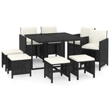 9 Piece Garden Dining Set with Cushions Poly Rattan Black - Front View